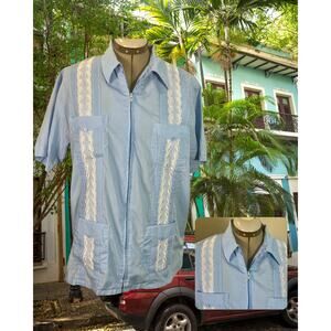 Vintage 70s Genuine Haband Guayabera Sky Blue Cuban Latin Shirt Size XL